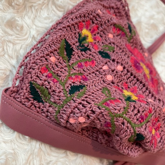 Boho Hippie Crocheted Style Floral Embroidered Bikini Top Sz L - Picture 5 of 5